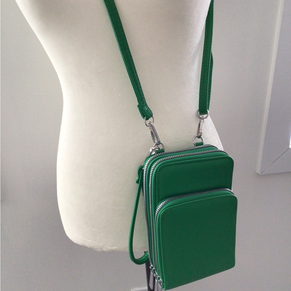 Green Crossbody Phone Bag with Multiple Zip Compartments